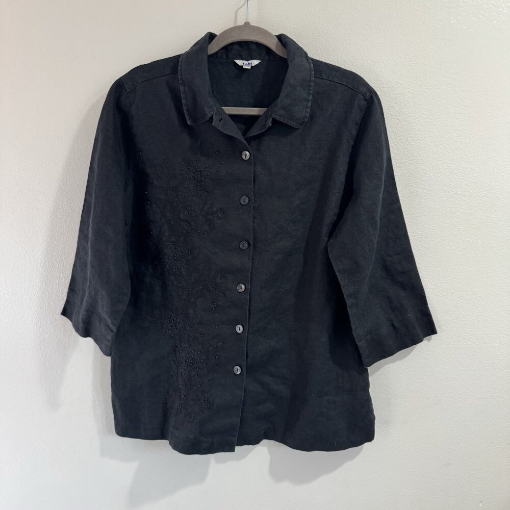 Vintage Tabi Blouse L Linen Flax Embroidered Beaded Black Button Shirt Lagen Art
